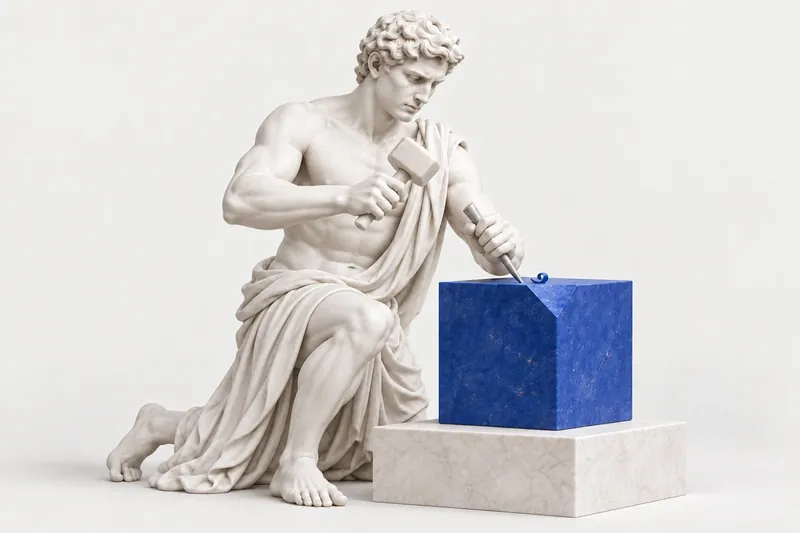 The JT Studio marble artisan shaping a cobalt block by hand