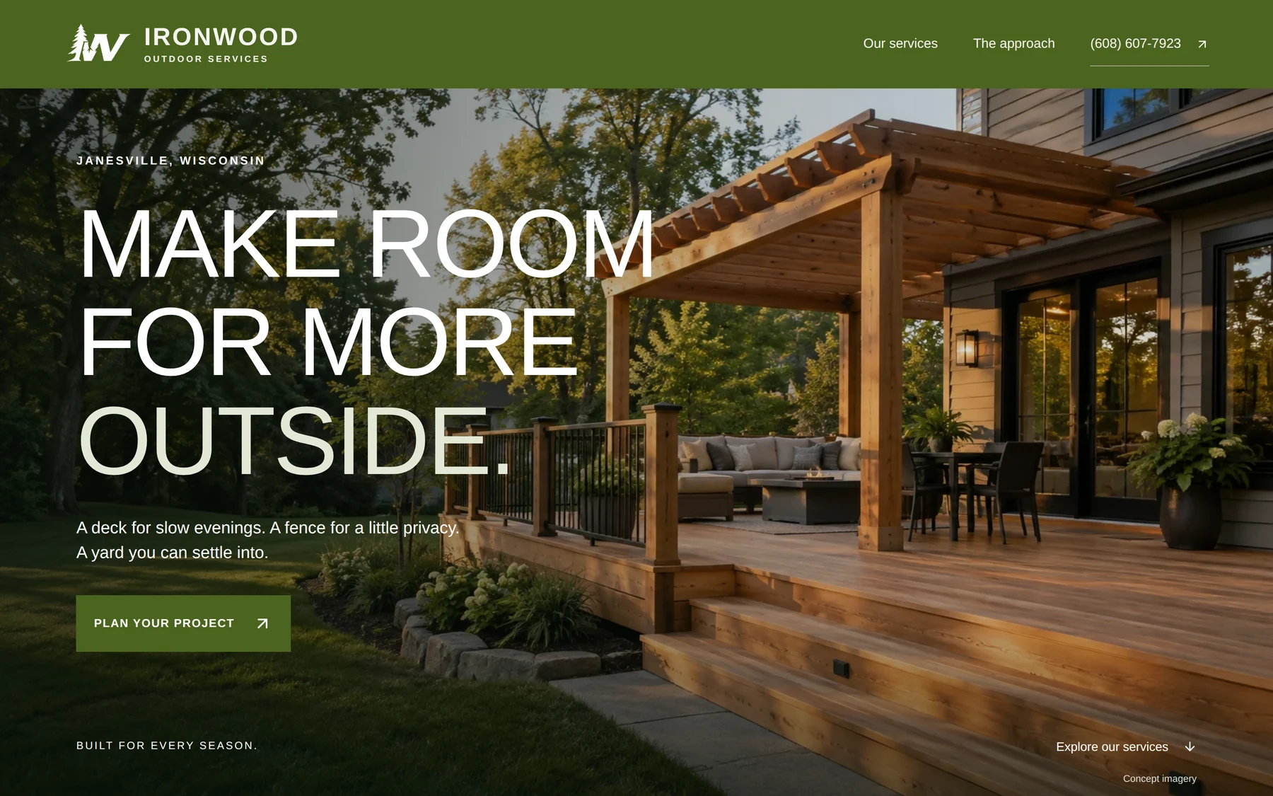 The Ironwood Outdoor Services home page on a desktop screen, built by JT Studio