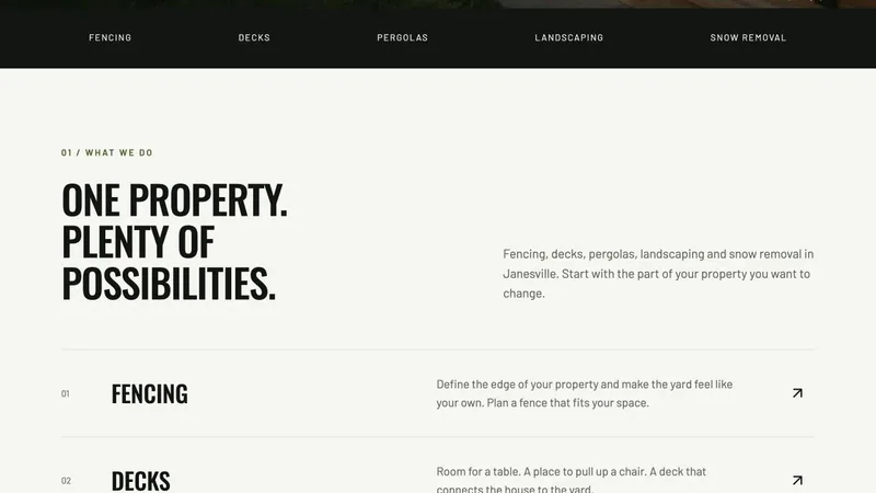 The Ironwood Outdoor Services page listing five services, built by JT Studio