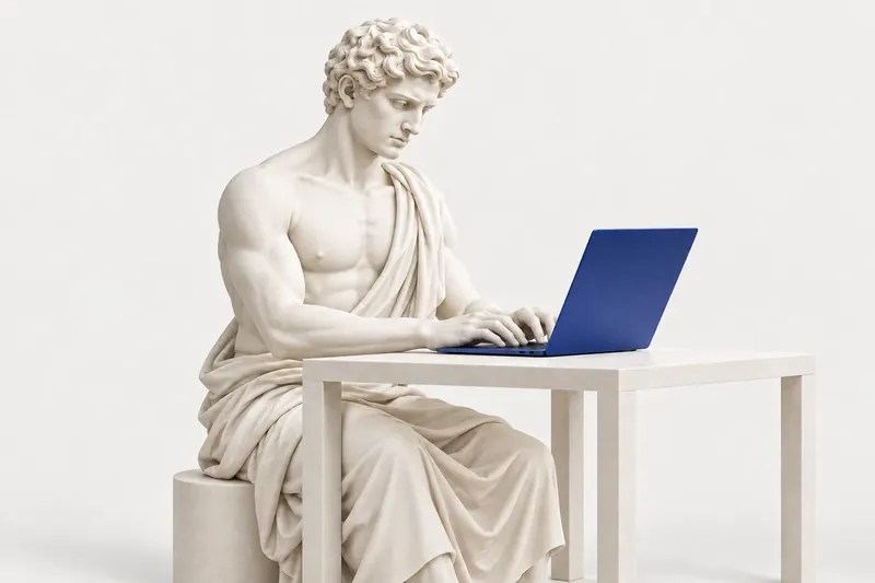 The JT Studio marble artisan planning a website on a cobalt laptop