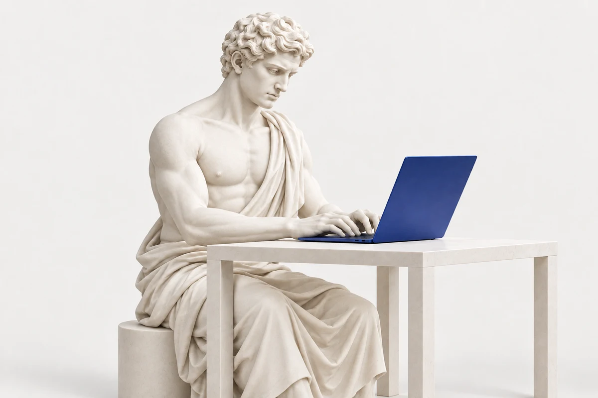The JT Studio marble artisan planning a website on a cobalt laptop