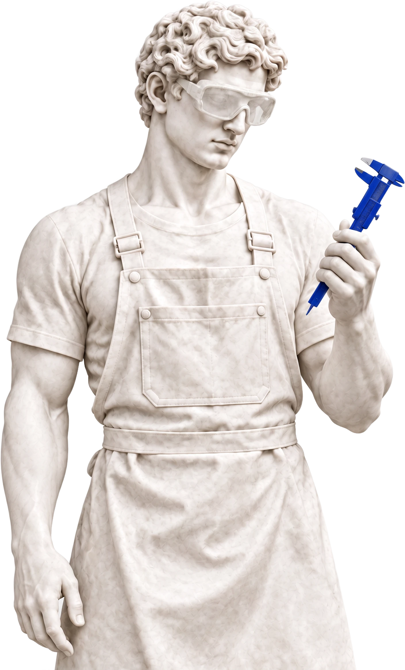 The JT Studio marble artisan dressed as a manufacturing worker, in an apron and safety glasses with a caliper