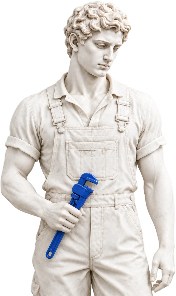 The JT Studio marble artisan dressed as a plumber, holding a cobalt pipe wrench