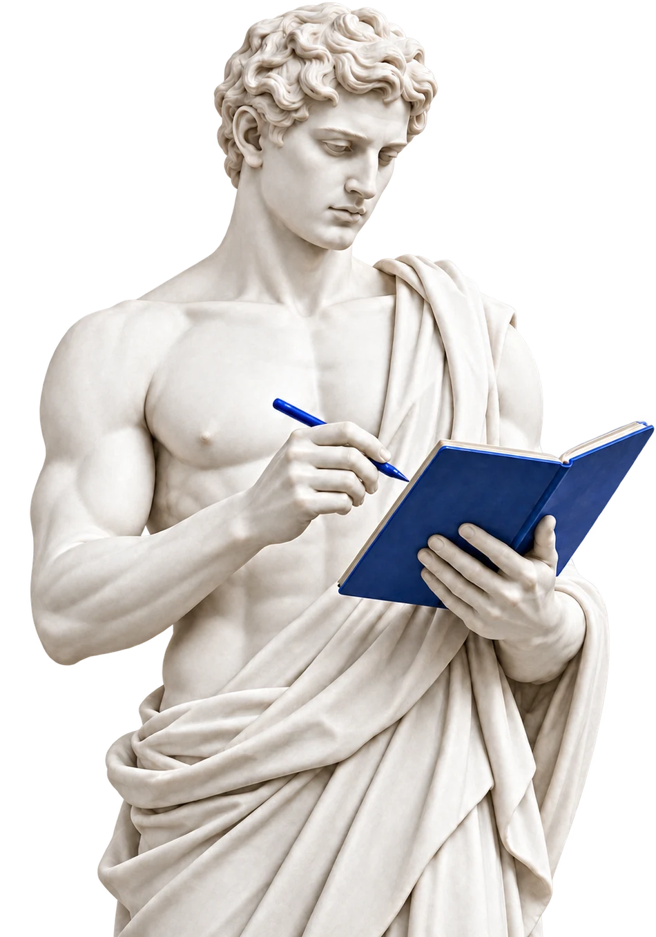The JT Studio marble artisan sketching in a cobalt notebook
