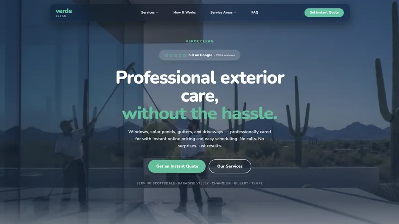 The Verde Clean homepage with instant pricing for window and solar panel cleaning, built by JT Studio