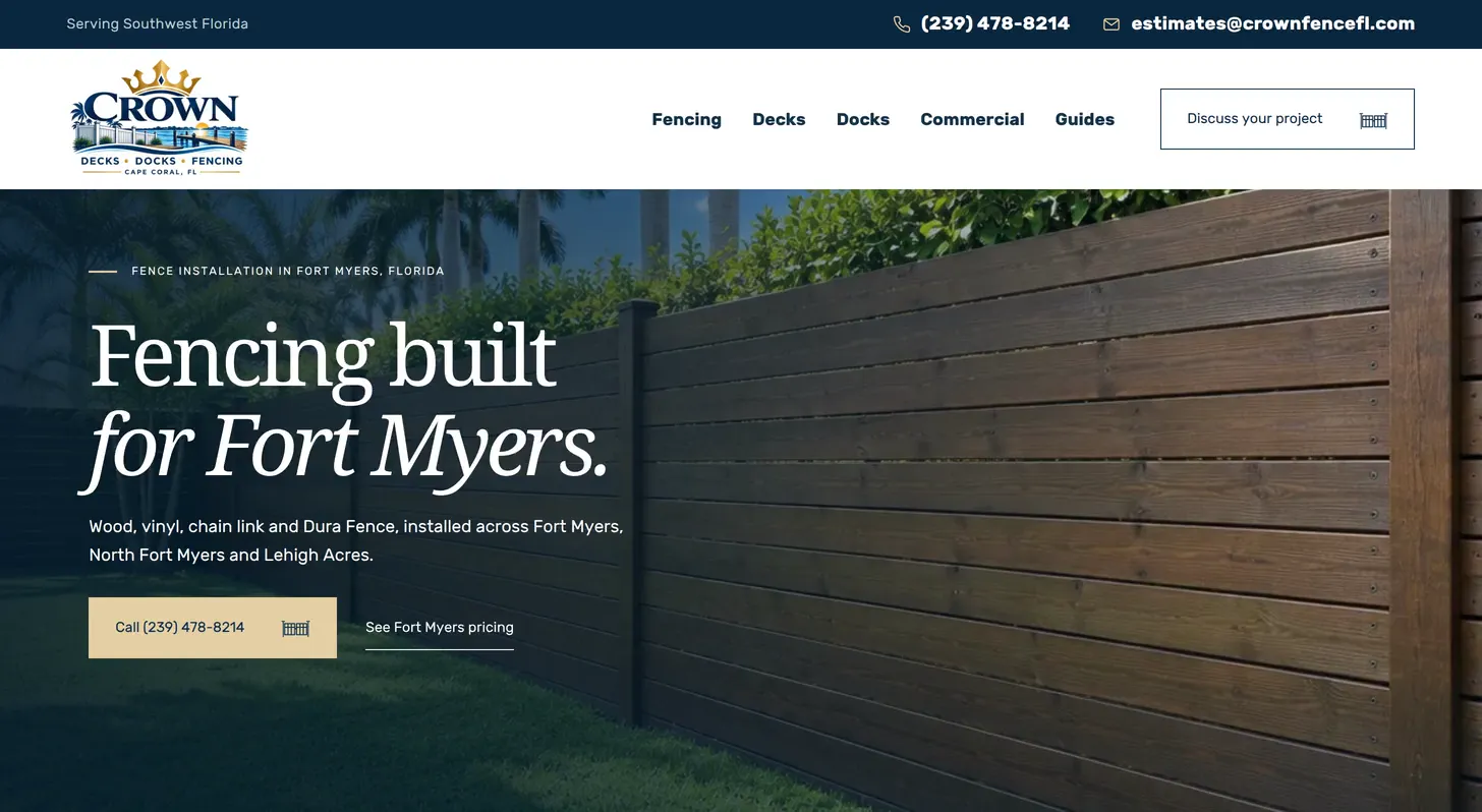 Crown Fence Fort Myers city page, wood fence photo behind the headline Fencing built for Fort Myers