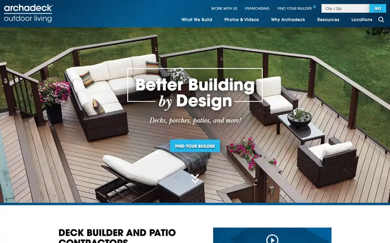 The Archadeck homepage with a furnished wood deck and the headline Better Building by Design