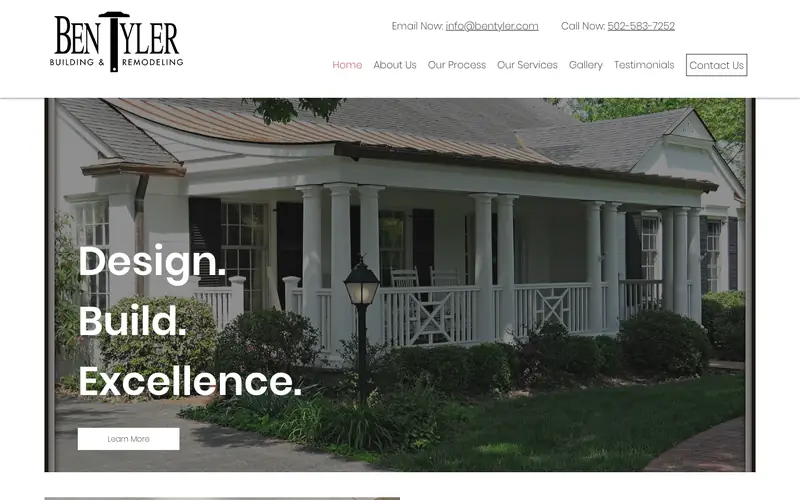 The Ben Tyler Building and Remodeling homepage with a porch and the words Design, Build, Excellence