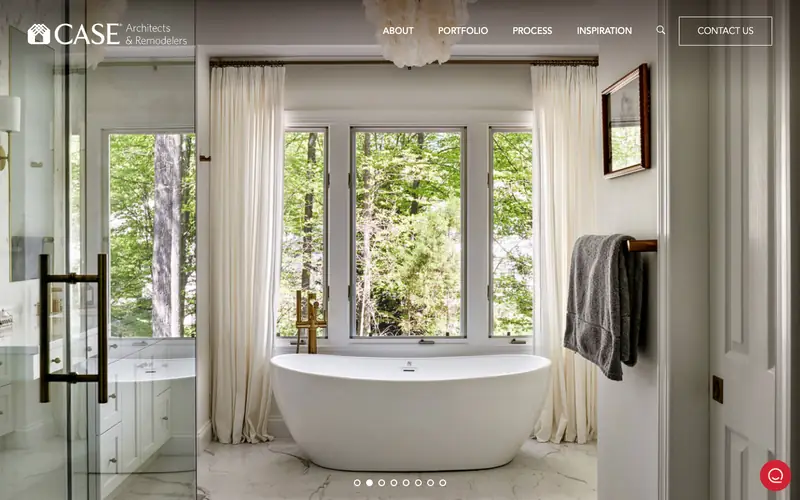 The Case Architects and Remodelers homepage with a finished bathroom and a freestanding tub