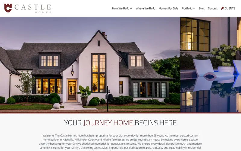 The Castle Homes homepage with a lit white house at dusk