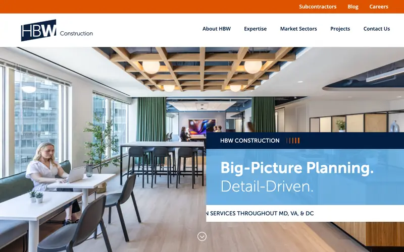 The HBW Construction homepage with a finished office interior and the line Big-Picture Planning, Detail-Driven