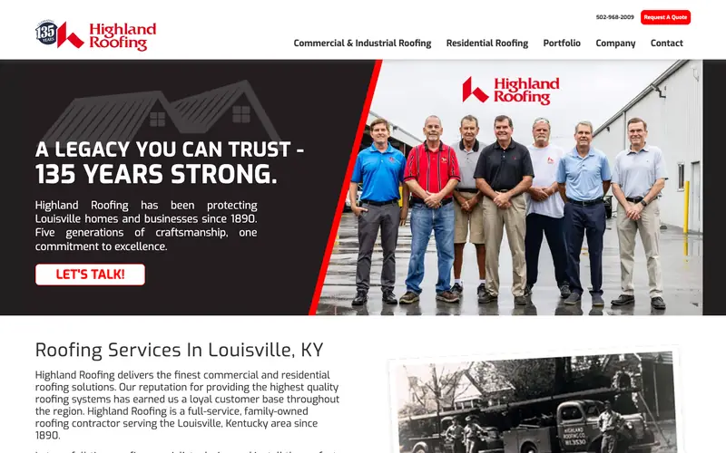 The Highland Roofing homepage with the team in company polos and the headline A Legacy You Can Trust
