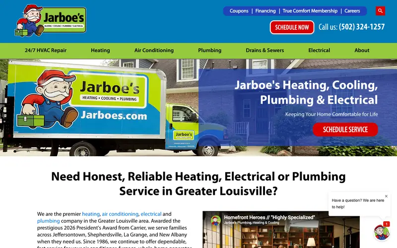 The Jarboe's homepage with a branded service truck and the phone number in the header