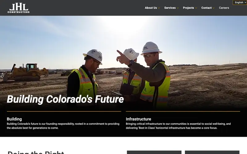 The JHL Constructors homepage with two supervisors on a site and the headline Building Colorado's Future