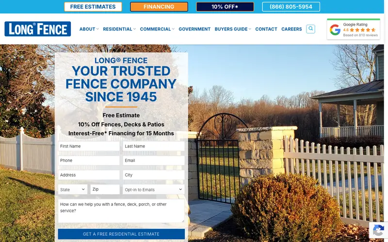 The Long Fence homepage with a white picket fence and a free estimate form