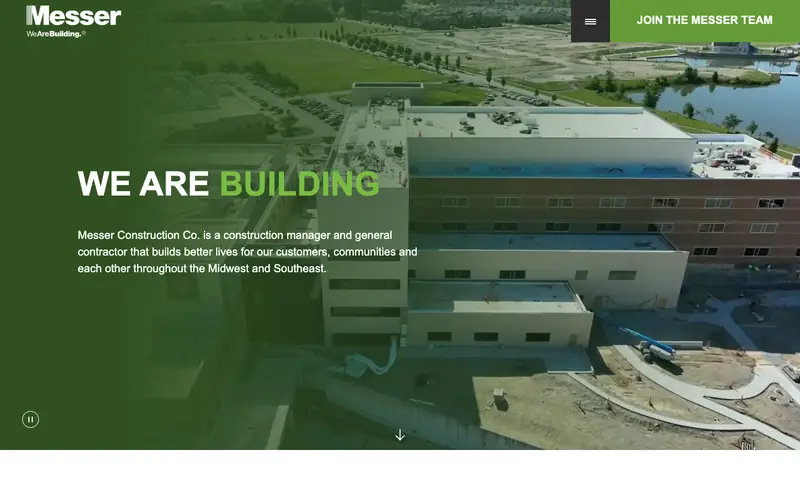 The Messer Construction homepage with an aerial video of a building and the headline We Are Building