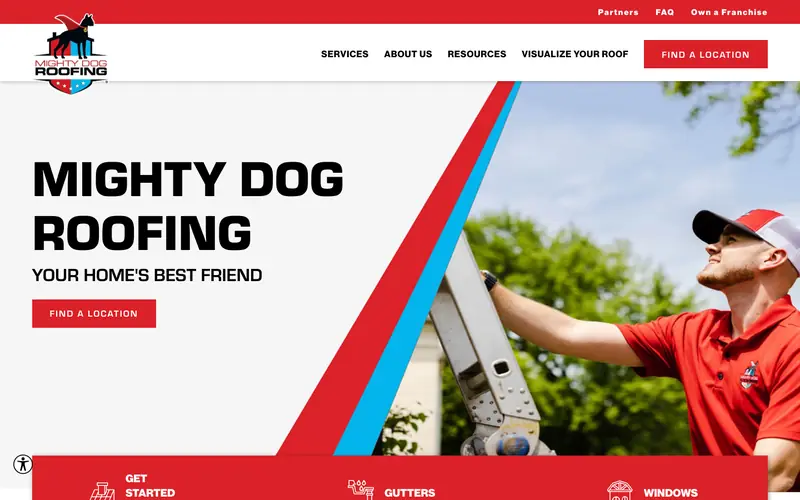 The Mighty Dog Roofing homepage with a roofer on a ladder and red and blue stripes