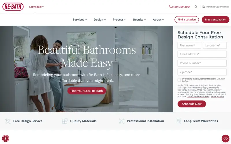 The Re-Bath homepage with a couple in a new bathroom and a consultation form beside the photo