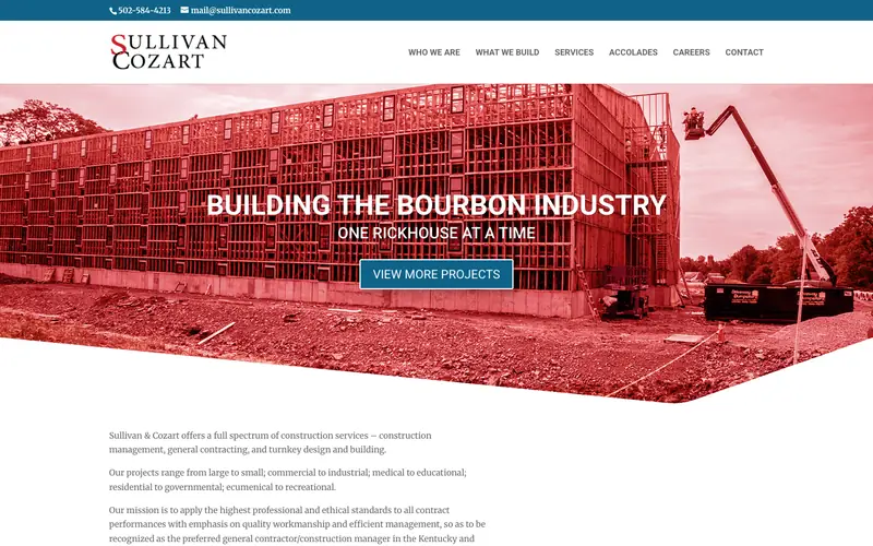 The Sullivan Cozart homepage with a red-tinted rickhouse frame and the headline Building the Bourbon Industry