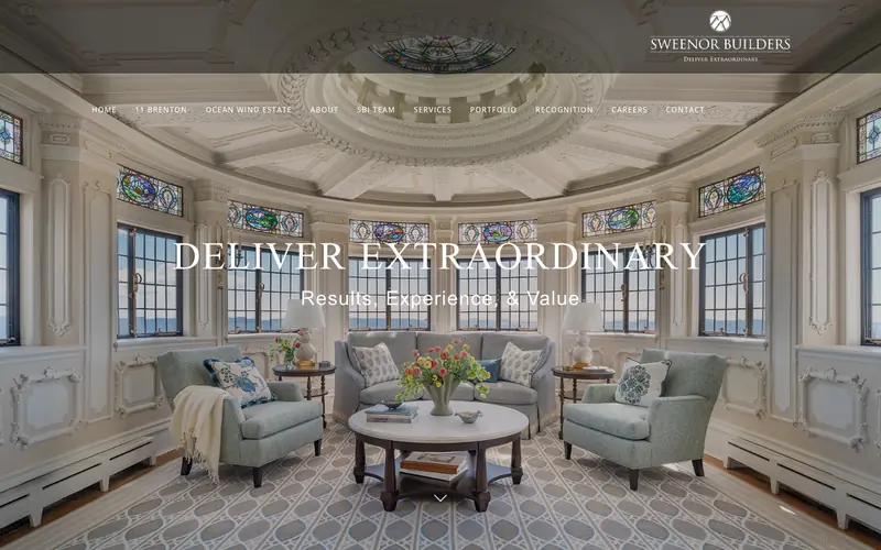 The Sweenor Builders homepage with an ornate restored sunroom