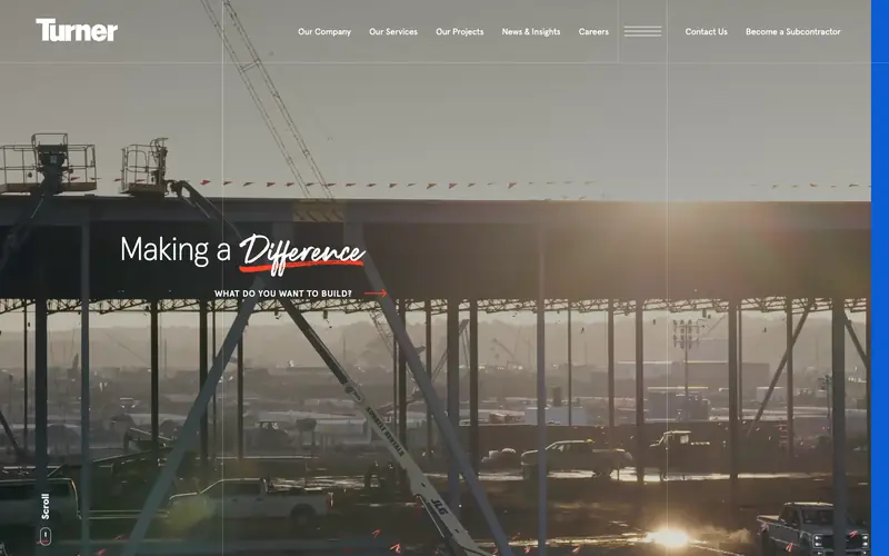 The Turner Construction homepage with the headline Making a Difference over a job site at dusk