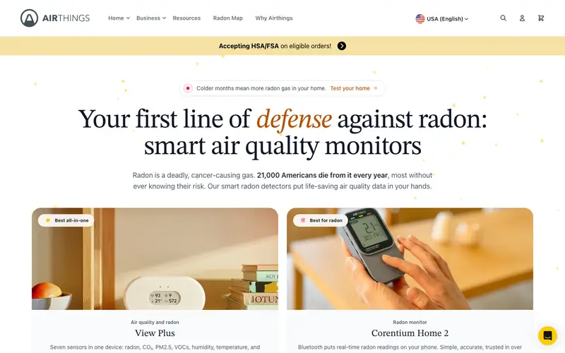 The Airthings homepage with a serif headline about radon and product cards labeled best all-in-one and best for radon