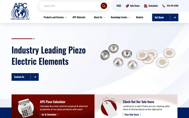 The APC International homepage with piezo discs and tiles for a calculator and sale items