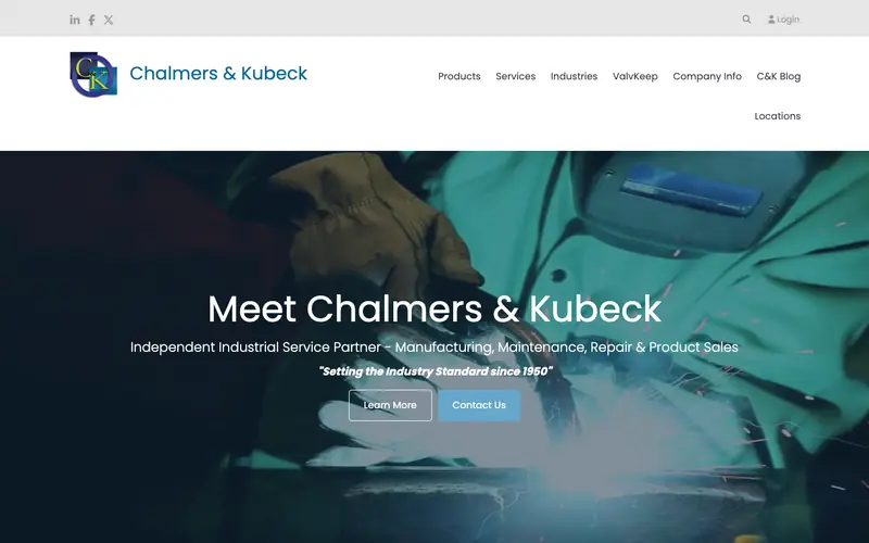 The Chalmers and Kubeck homepage with a welder at work and the headline Meet Chalmers and Kubeck