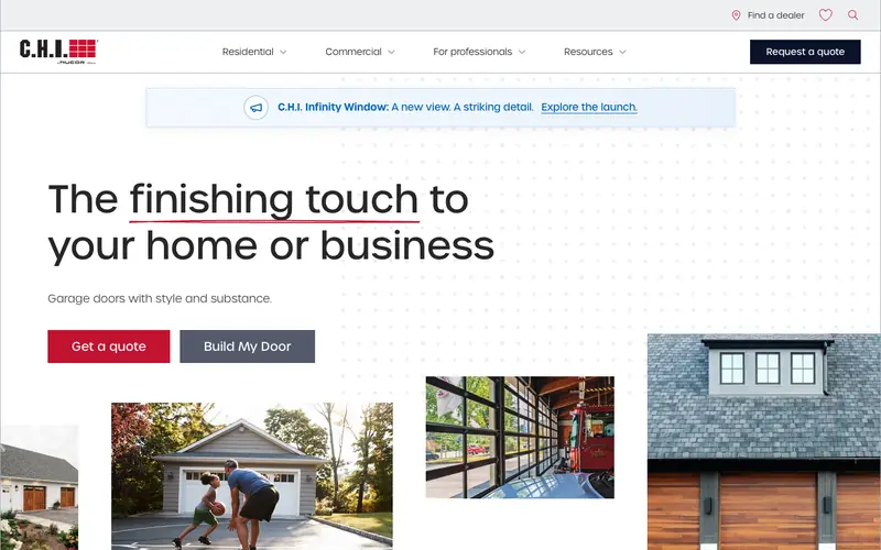 The C.H.I. Overhead Doors homepage with Get a quote and Build My Door buttons above photos of doors