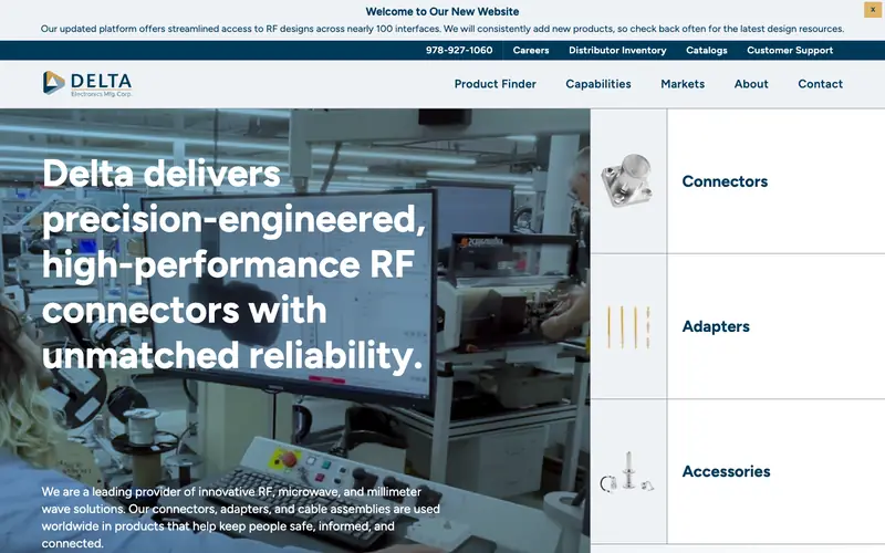 The Delta homepage with a lab photo and tiles for connectors, adapters and accessories