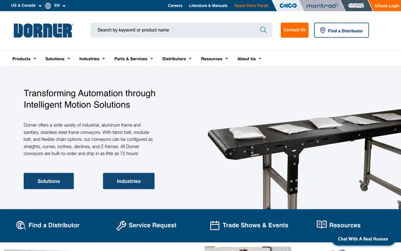 The Dorner homepage with a black belt conveyor carrying packages and a large product search bar