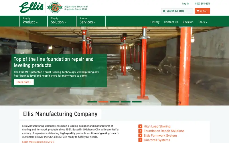 The Ellis Manufacturing homepage with red shoring posts under a floor and a shop menu