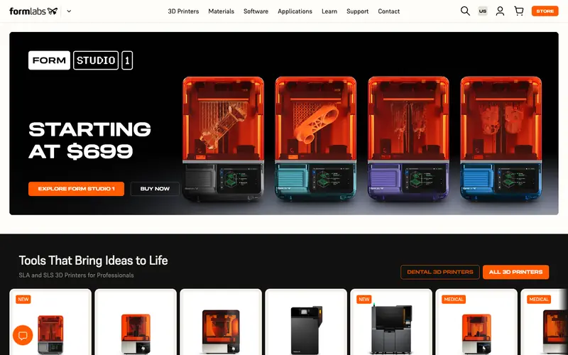 The Formlabs homepage with four orange 3D printers and the line Starting at $699