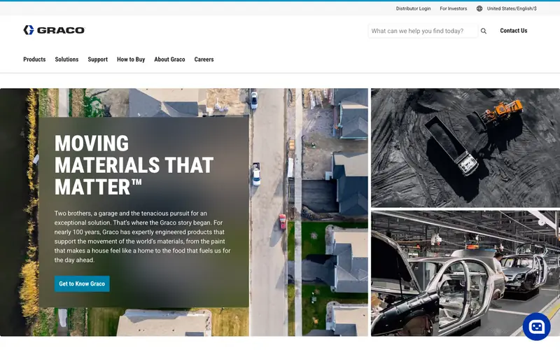The Graco homepage with a collage of houses, a mining truck and a car plant beside the headline Moving Materials That Matter