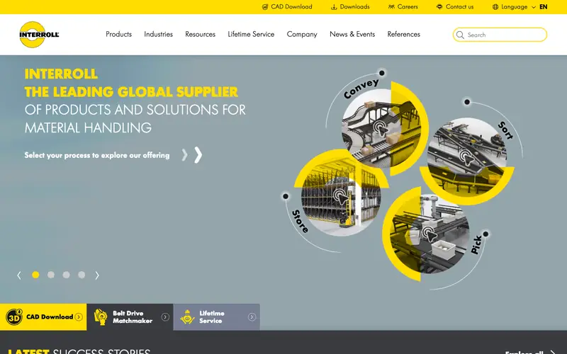The Interroll homepage with a yellow process wheel reading convey, store, sort and pick