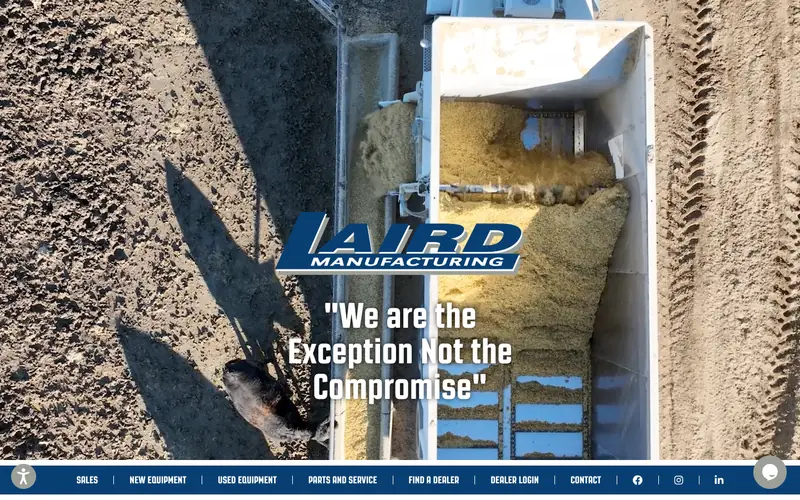 The Laird Manufacturing homepage with an aerial view of a feed mixer unloading