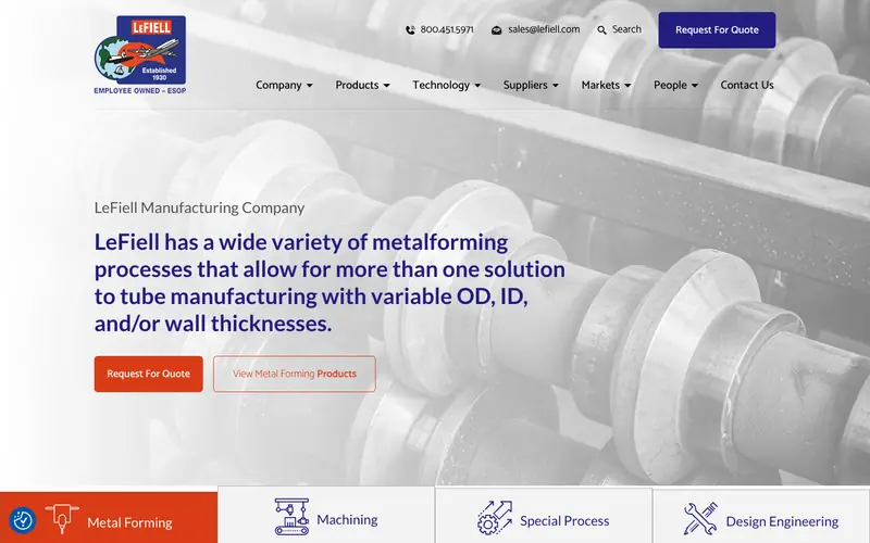 The LeFiell homepage with a Request for Quote button and tabs for metal forming, machining and design engineering