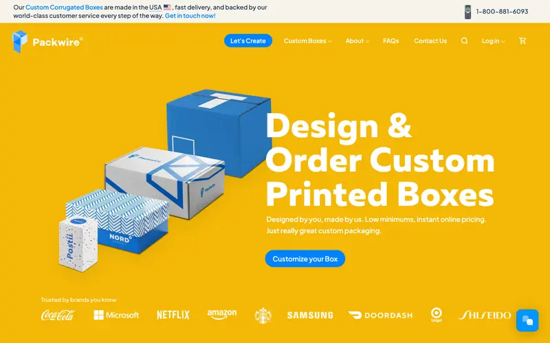 The Packwire homepage with blue printed boxes on a yellow background and brand logos below