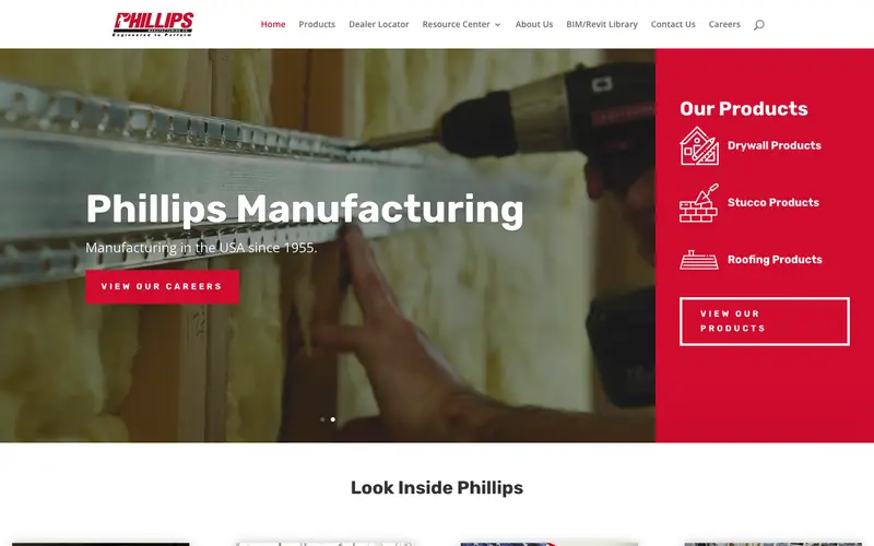 The Phillips Manufacturing homepage with a drill on a metal channel and a red panel listing product lines