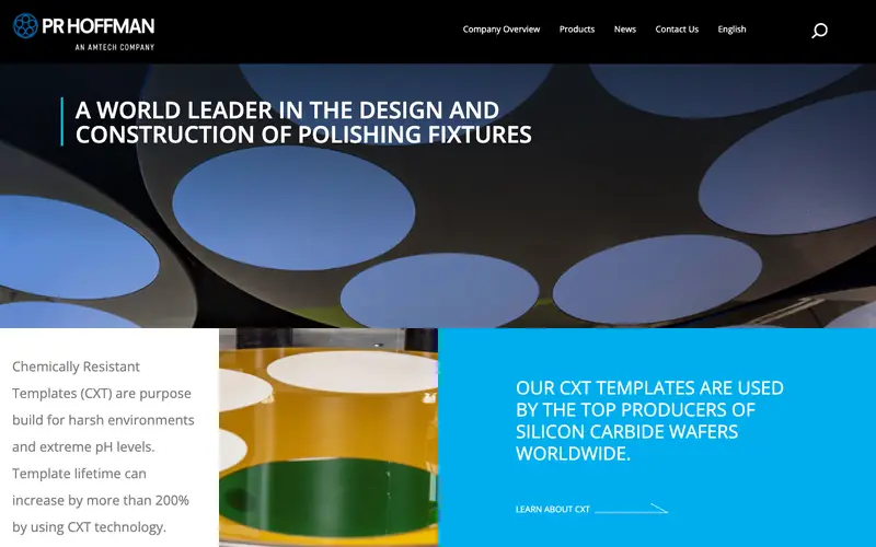 The PR Hoffman homepage with polishing carriers and a callout about CXT templates