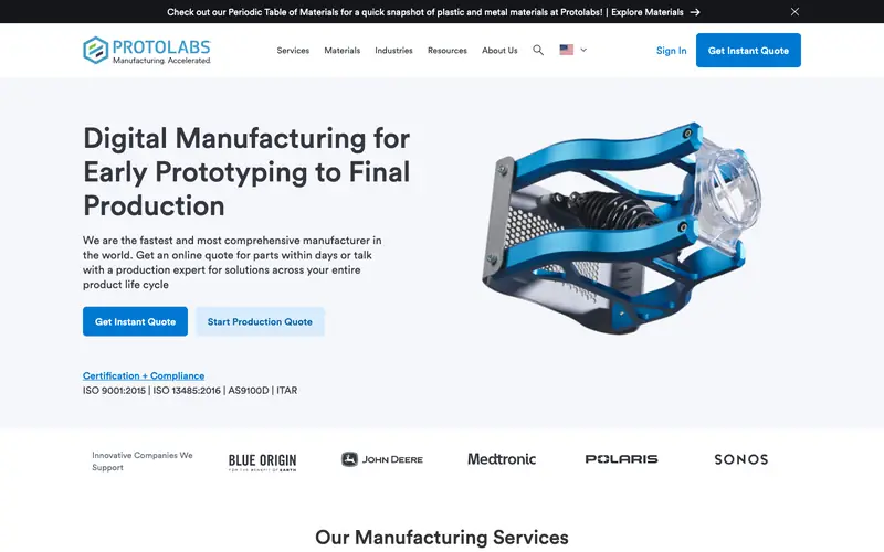 The Protolabs homepage with a blue machined part and Get Instant Quote buttons