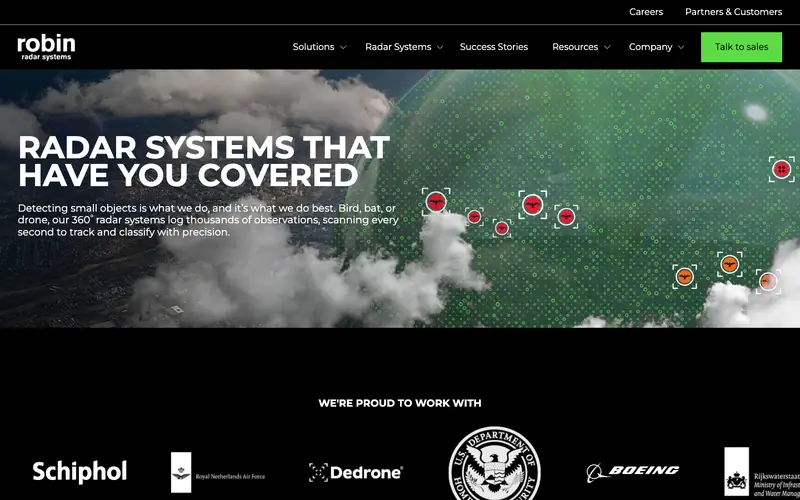 The Robin Radar homepage with a radar map over clouds and a green Talk to sales button