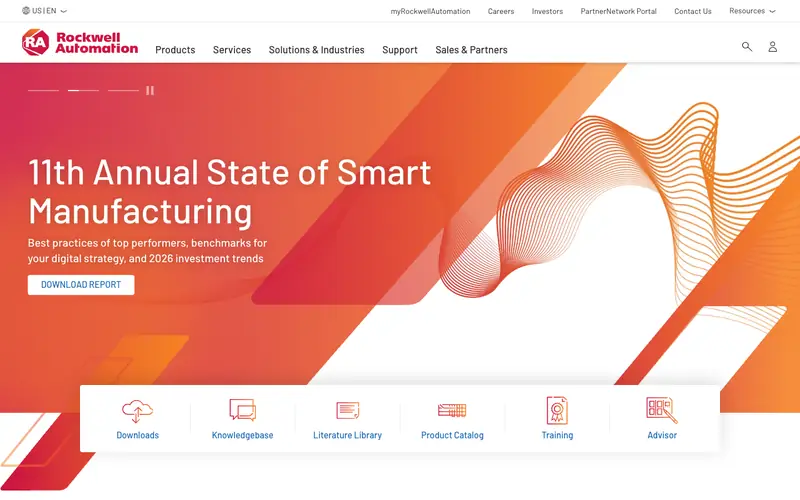 The Rockwell Automation homepage promoting a report on smart manufacturing with a quick-link bar