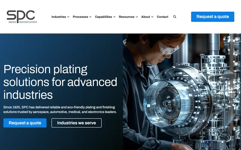 The SPC homepage with an engineer at a machine and the headline Precision plating solutions for advanced industries