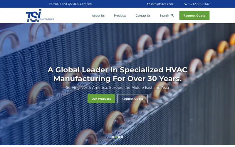 The TSI Technologies homepage with copper coils and a green Request Quote button