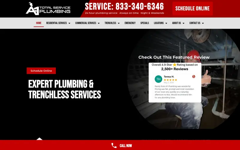 The A-1 Total Service Plumbing homepage with a trenchless services headline, a SCHEDULE ONLINE button and a Call Now button