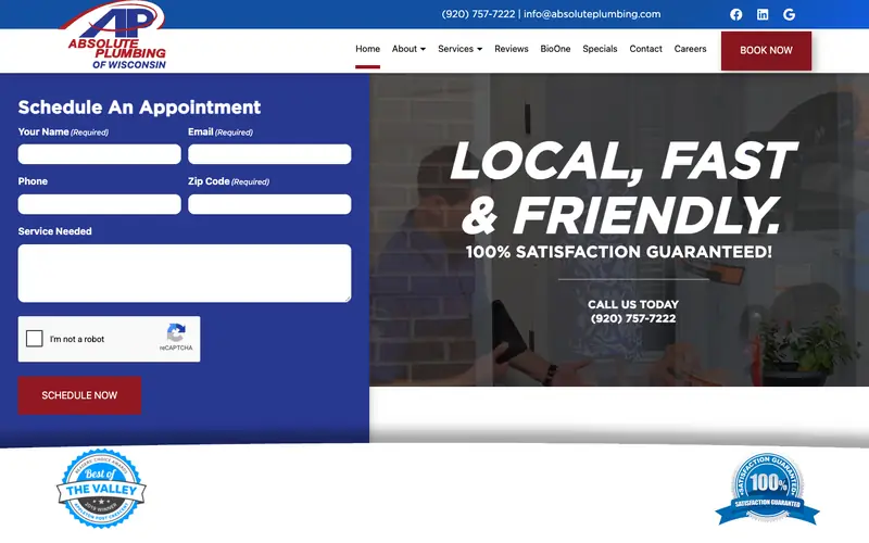 The Absolute Plumbing homepage with a headline naming Appleton, Neenah and Green Bay, a BOOK NOW button and the number (920) 757-7222