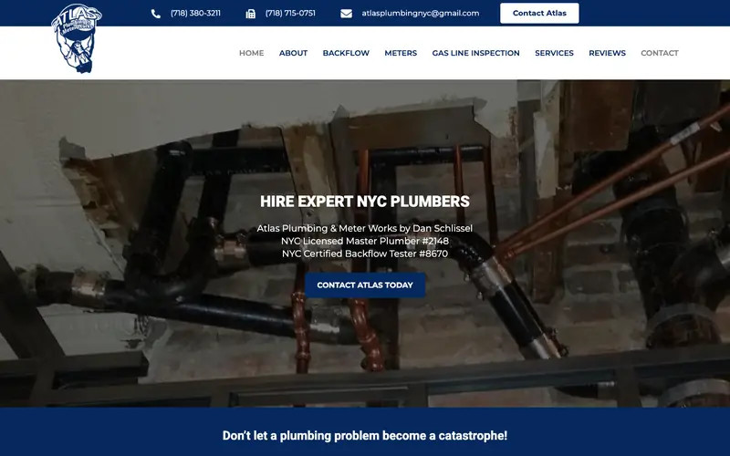 The Atlas Plumbing homepage with a catastrophe headline, the number (718) 380-3211 and a CONTACT ATLAS TODAY button