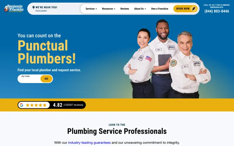 The Benjamin Franklin Plumbing homepage with the headline Punctual Plumbers, a BOOK NOW button and the phone number (844) 803-8446 in the menu