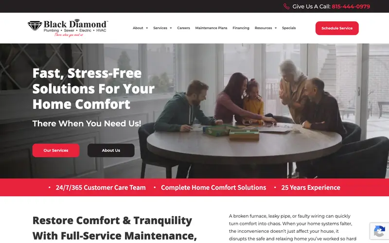 The Black Diamond homepage with a home comfort headline, a Schedule Service button and the number 815-444-0979
